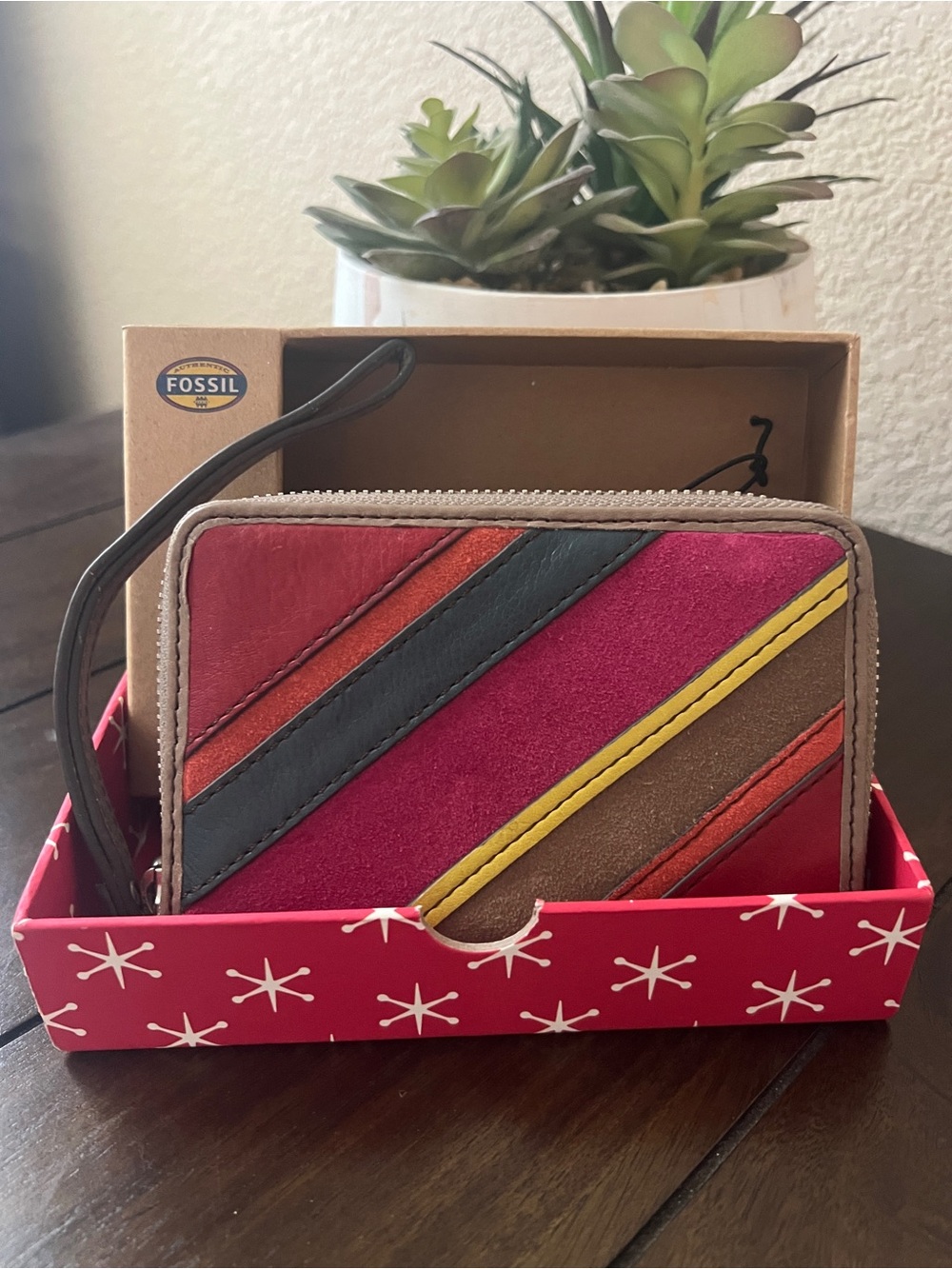 NIB Fossil Women's Multi Stripe Suede Leather Wristlet Wallet